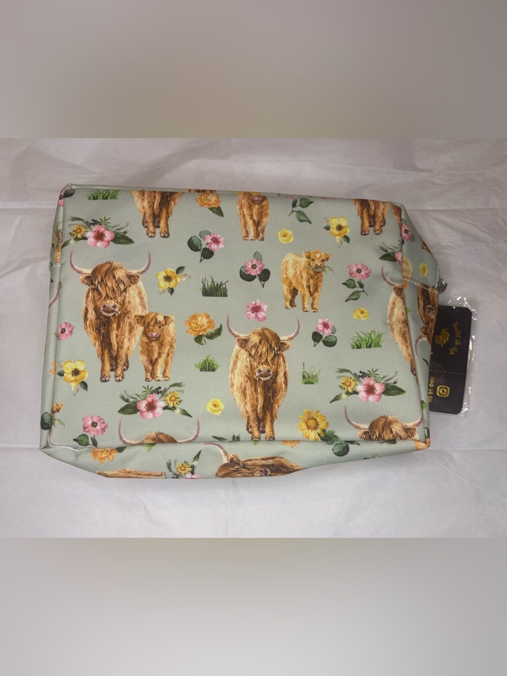 N'Gil Highland Cow Floral Makeup Bag Green Zipper MPN 83119406